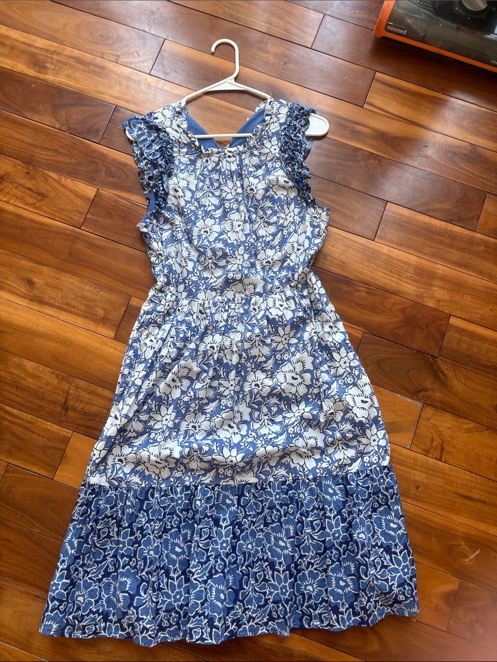 J. Crew Blue and White Floral Ruffle Midi Dress